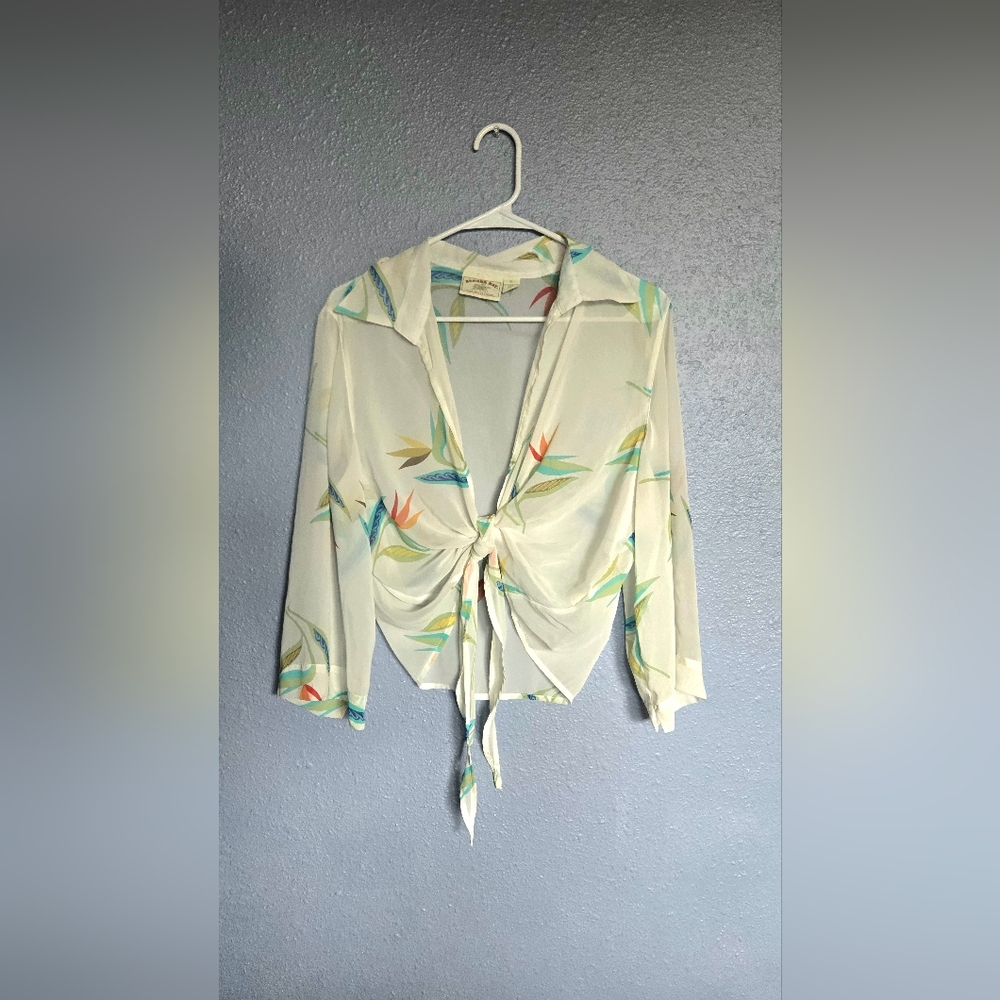 Cream and Blue 3/4 Sleeve Tie-Front Blouse with Sailor Collar